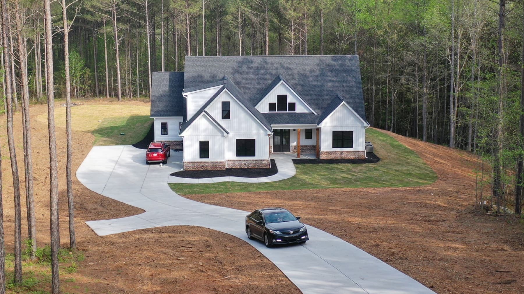 Aerial view of a completed custom home
