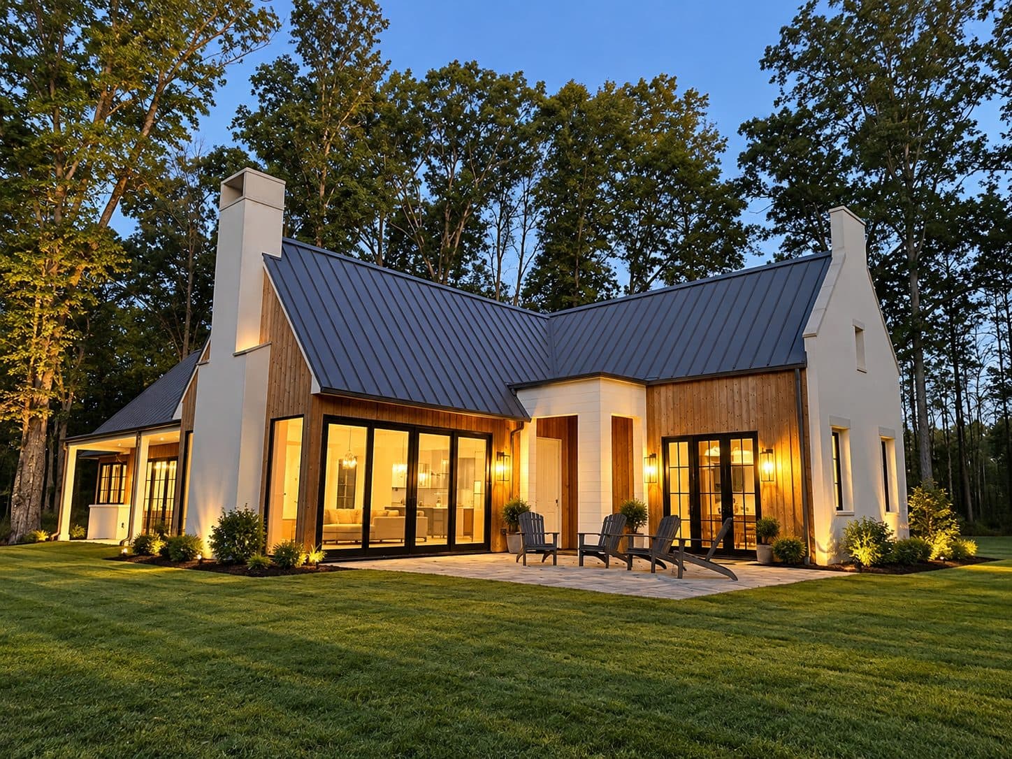 Modern farmhouse at dusk with white stucco, cedar accents and a dark standing-seam roof, built by ICG